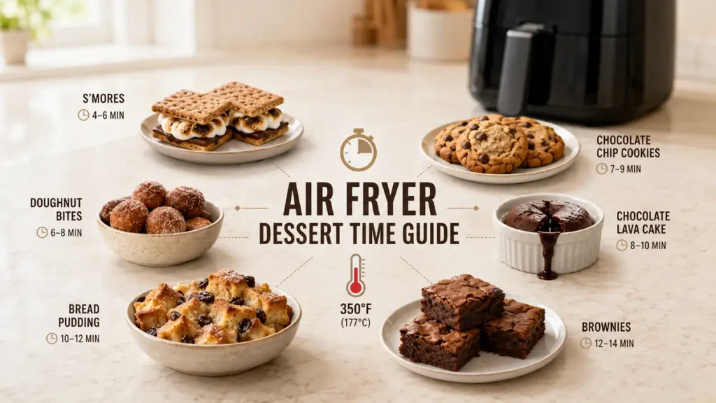 Plates of air-fried desserts including s'mores, doughnut bites, bread pudding, chocolate chip cookies, chocolate lava cake, and brownies on a countertop