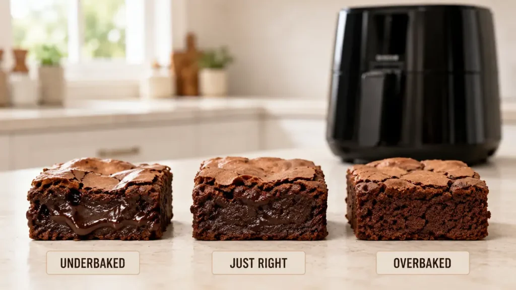 Three brownies showing underbaked, just right, and overbaked textures with an air fryer in background