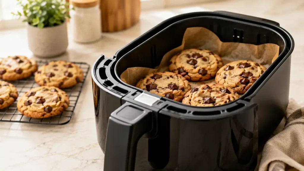 Chocolate chip cookies baking inside an air fryer basket lined with parchment paper