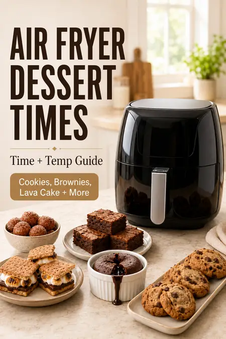 Black air fryer with plates of cookies, brownies, lava cake, and s'mores on a kitchen counter