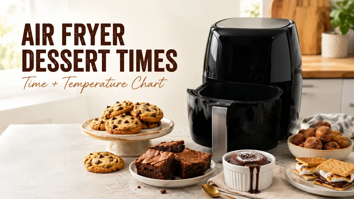 Black air fryer with cookies, brownies, lava cake, donut holes, and s'mores desserts on counter