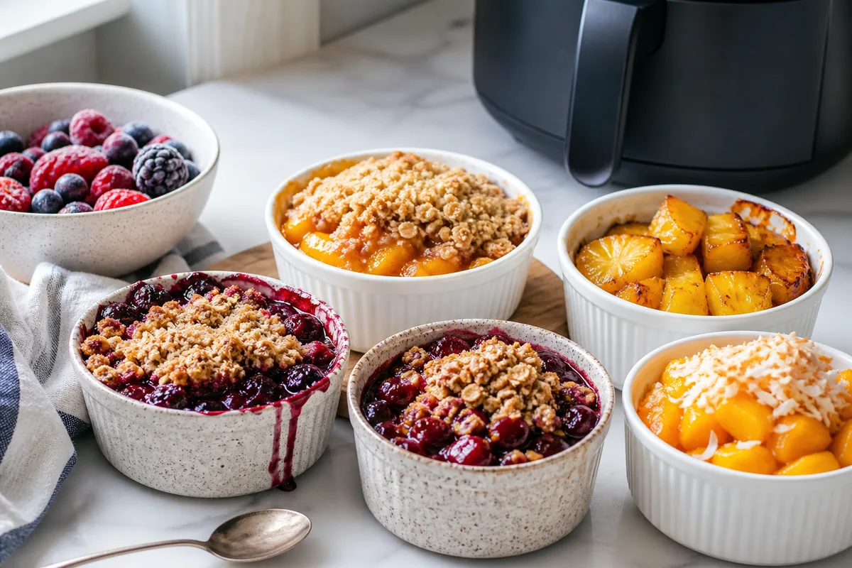 Air fryer desserts made with frozen berries, peaches, pineapple, mango, and oat crumble