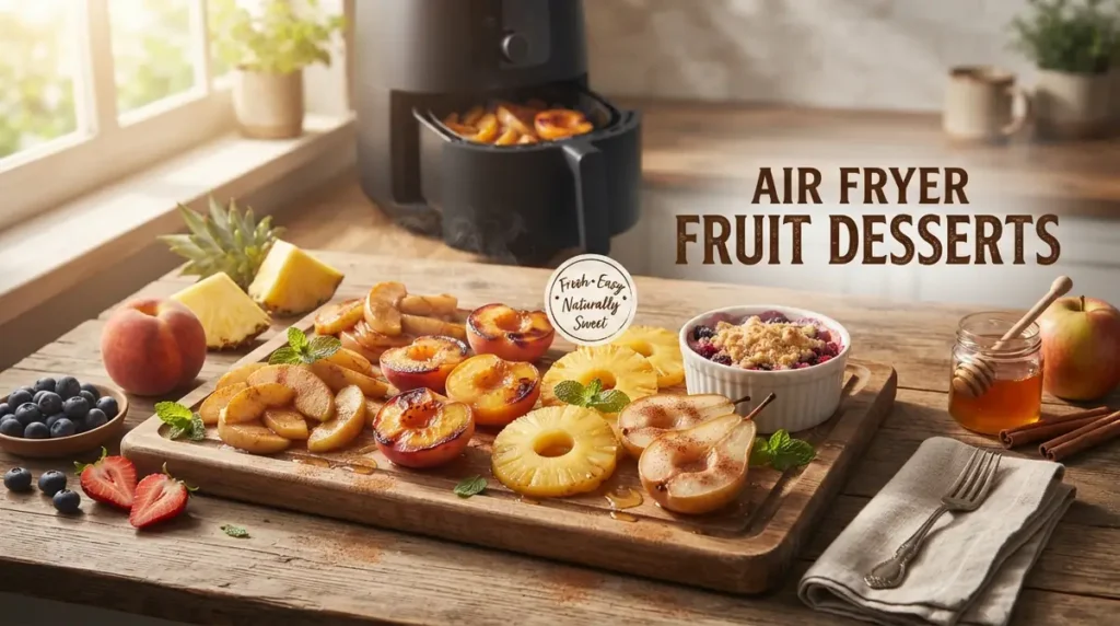 Assorted air fryer fruit slices including peaches, pears, plums, and pineapple on a wooden board with honey and berries