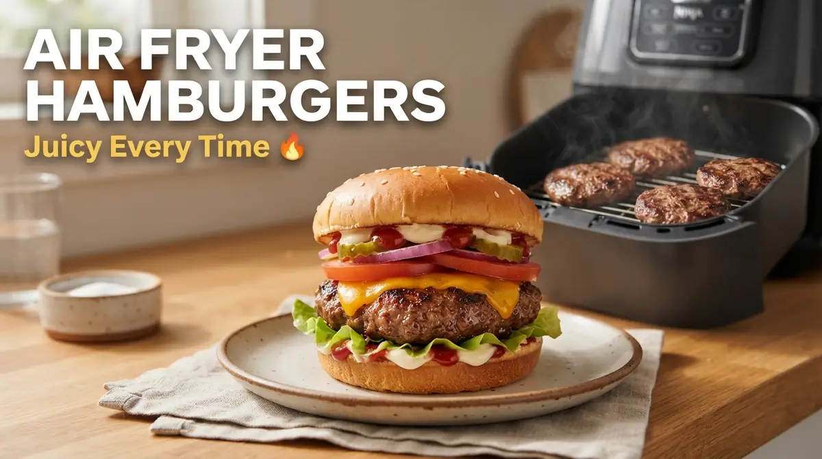 Hamburgers in Air Fryer (Juicy, Easy + Cook Time Guide) 1 Cheeseburger with lettuce, tomato, pickle, onion, and sauce on a plate with air fryer cooking hamburger patties in the background