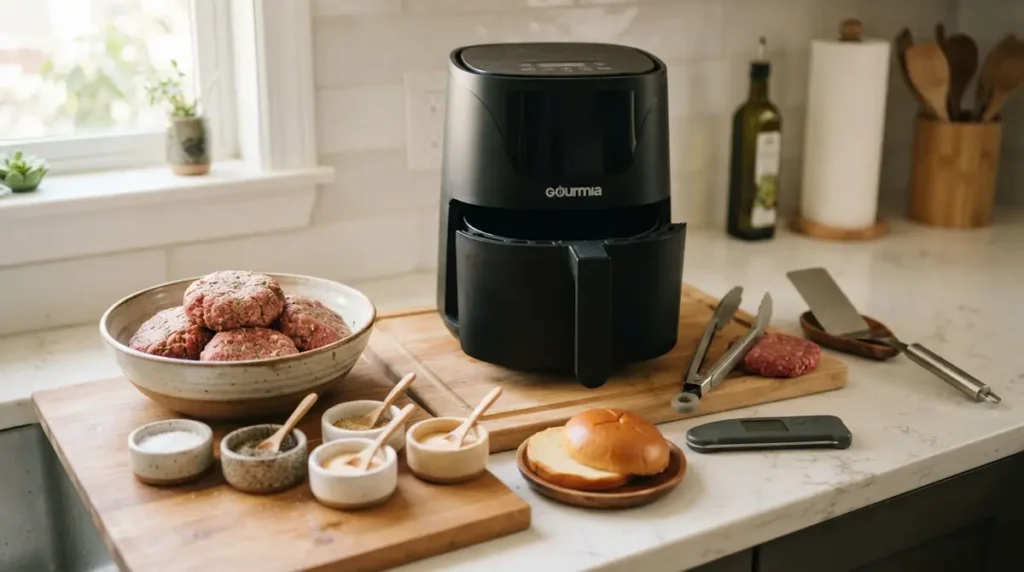 Hamburgers in Air Fryer (Juicy, Easy + Cook Time Guide) 2 Black air fryer with bowl of raw hamburger patties, spices, buns, and cooking utensils on kitchen counter