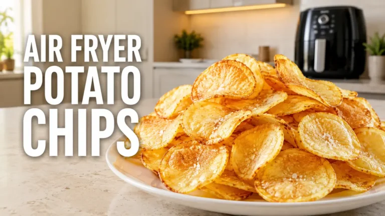 Golden crispy air fryer potato chips piled on a white plate on a kitchen countertop