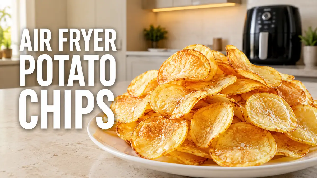 Golden crispy air fryer potato chips piled on a white plate on a kitchen countertop