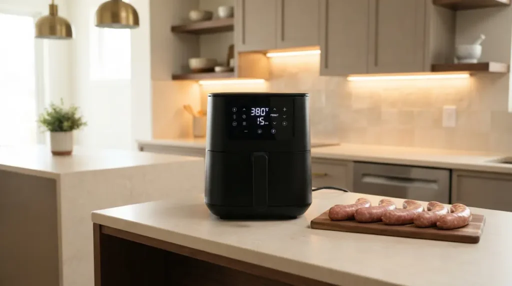 Black air fryer preheating to 380 degrees on a kitchen counter next to raw sausages on a wooden board