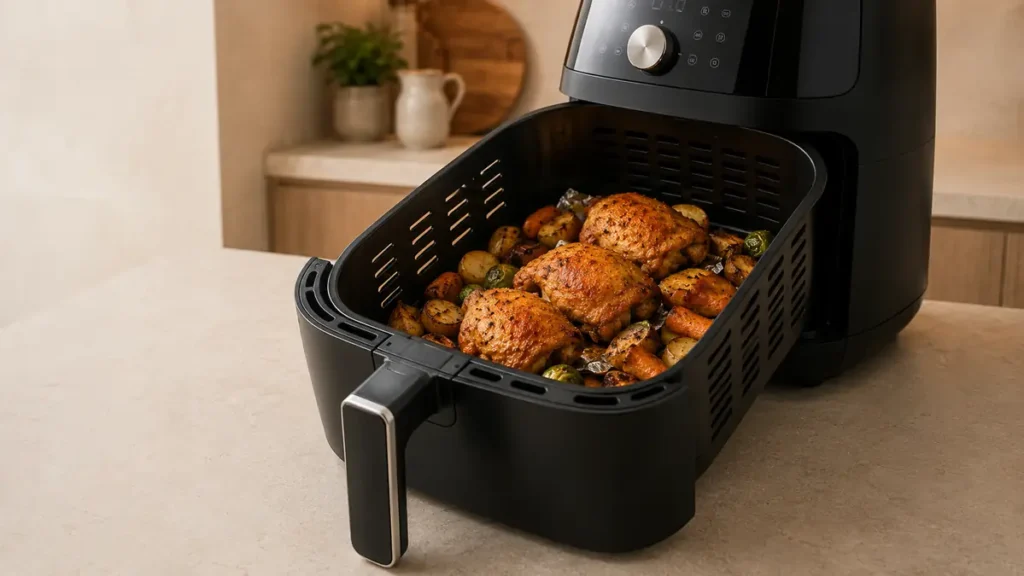 A black air fryer filled with roasted chicken and colorful vegetables.