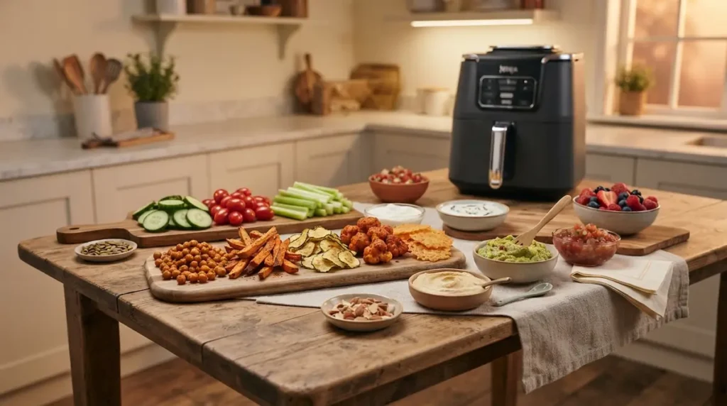 assortment of air fryer snacks and fresh vegetable sticks on wooden serving boards in kitchen