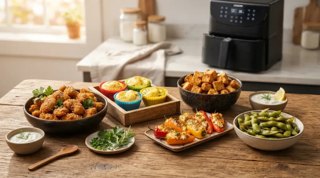 Assorted air fryer snacks including stuffed mini peppers, edamame, muffins, tofu cubes, and crispy bites on a wooden table