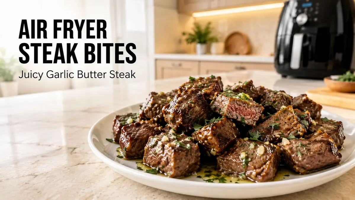 Plate of juicy garlic butter steak bites.