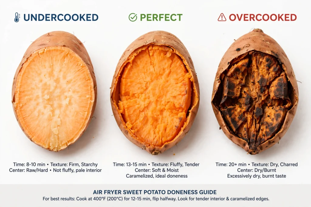 Cooked and undercooked air fryer sweet potatoes showing tender and firm centers