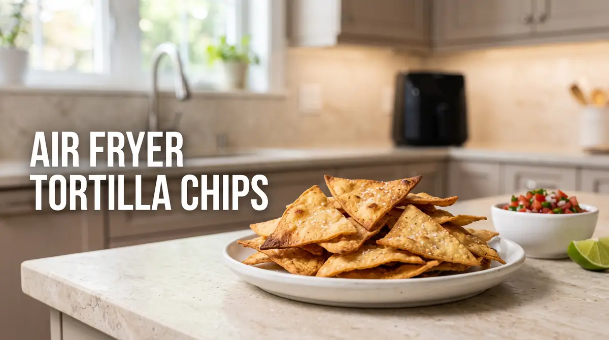 Air Fryer Tortilla Chips (Crispy & Easy Homemade) 1 Plate filled with crispy air fryer tortilla chips next to salsa bowl and lime wedges on kitchen countertop