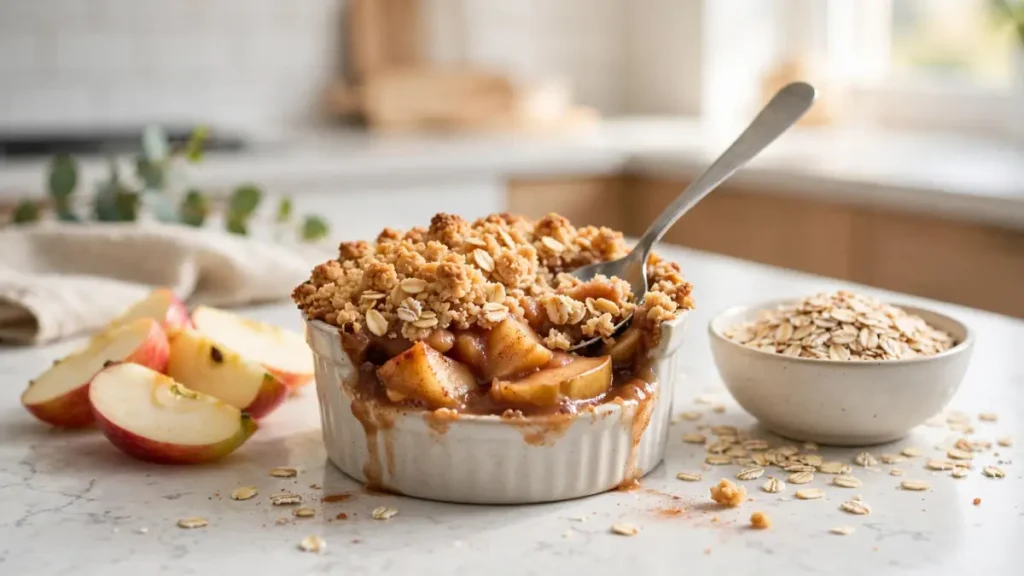 Apple crumble dessert with oat topping in white ramekin with spoon, apple slices and bowl of oats