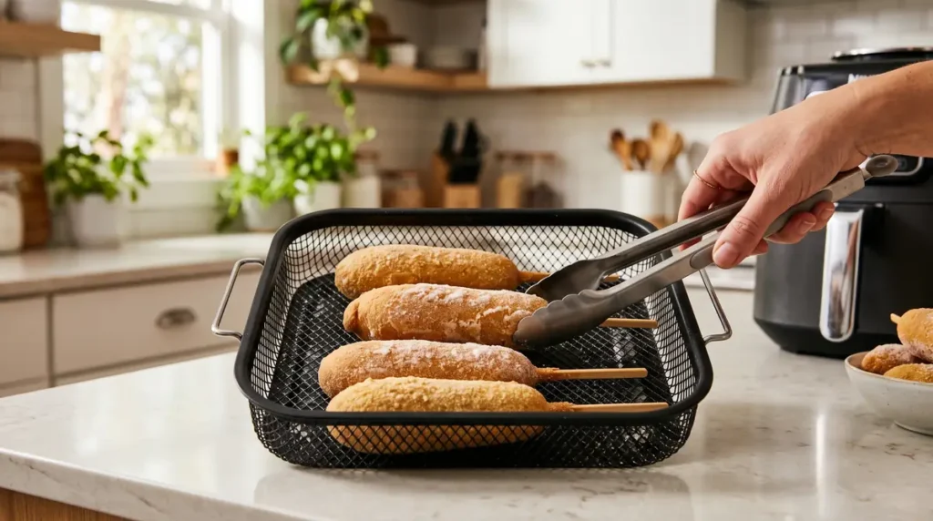 Hand placing frozen corn dogs on skewers into an air fryer basket with tongs
