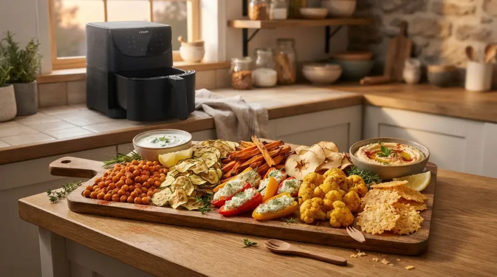 Wooden board with roasted vegetables, dips, and an air fryer on kitchen counter