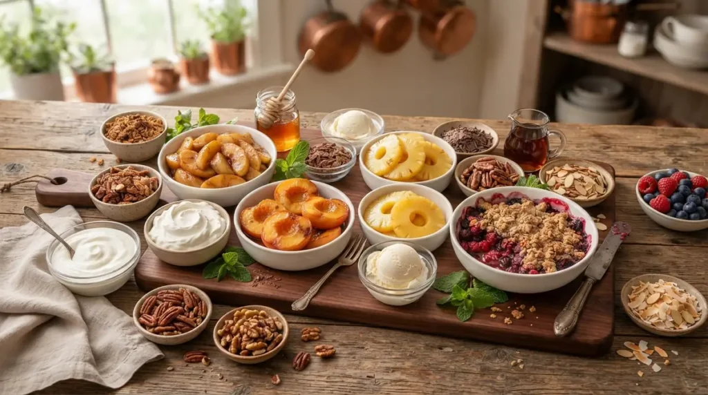 Bowls of fresh and cooked fruit with nuts, yogurt, ice cream, and honey on a wooden board