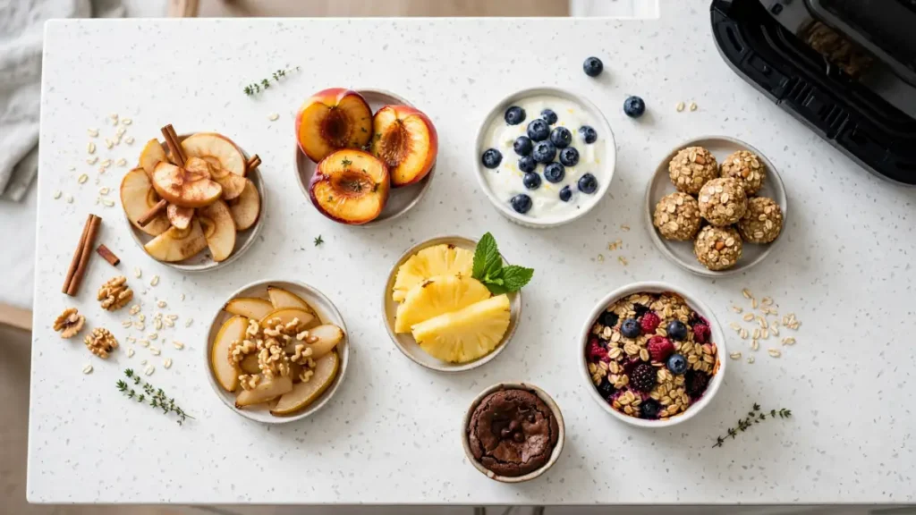 Bowls with sliced apples, peaches, pineapple, yogurt with blueberries, granola balls, oatmeal with berries, and a chocolate dessert on a white table