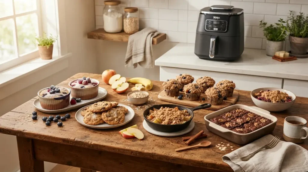 Various oat desserts including muffins, cookies, baked dishes, and fruit on a wooden table