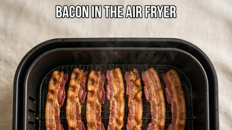 Slices of bacon cooking in an air fryer basket from an overhead view