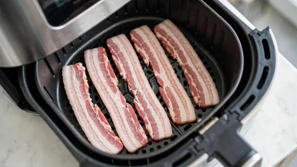 Raw strips of bacon arranged in an air fryer basket before cooking
