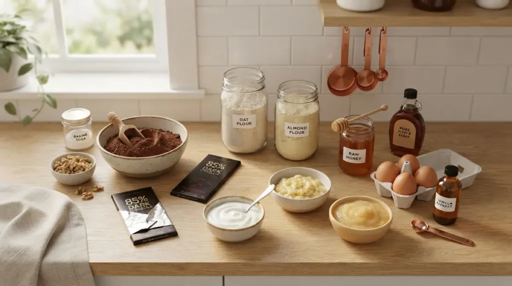 Baking ingredients including cocoa powder, flour, honey, eggs, and chocolate bars arranged on a wooden kitchen counter