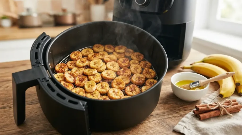 Sliced banana chips being cooked in an air fryer basket with steam rising