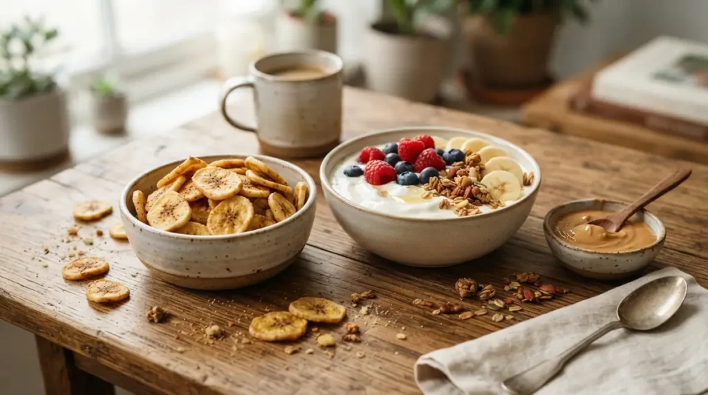 Bowl of banana chips next to yogurt bowl with bananas, berries, granola, and small bowl of peanut butter on wooden table