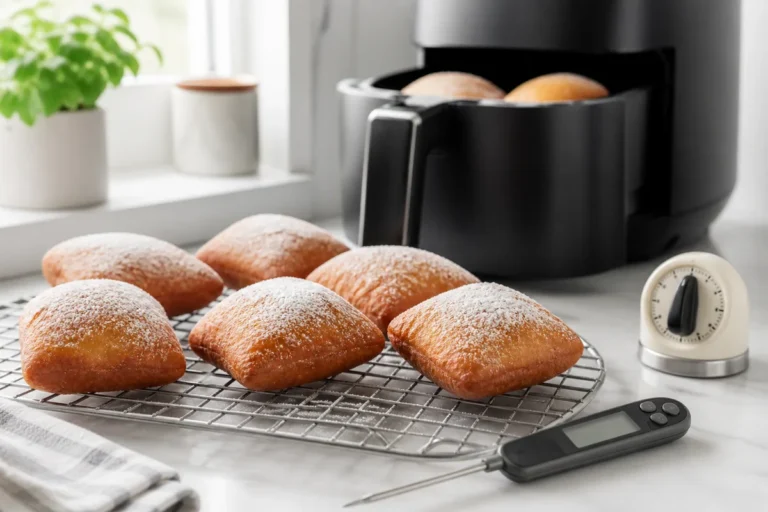 Golden air fryer beignets beside a kitchen timer and food thermometer