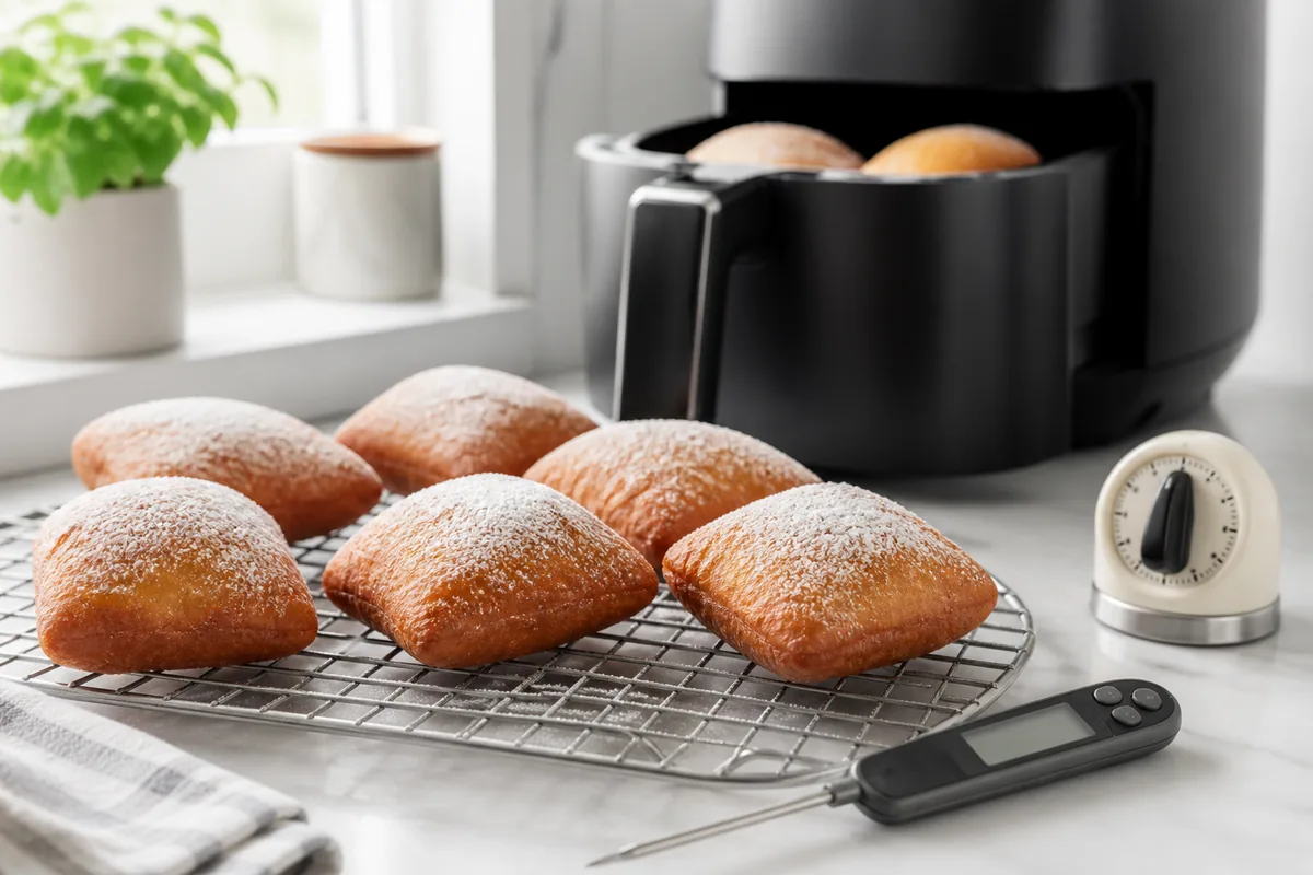 Golden air fryer beignets beside a kitchen timer and food thermometer