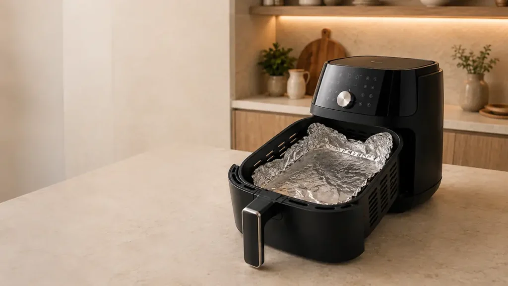 A black air fryer with a foil-lined basket on a kitchen countertop.