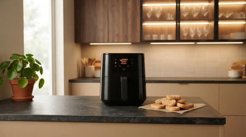Black air fryer on kitchen countertop with display showing 400 degrees and frozen food on paper