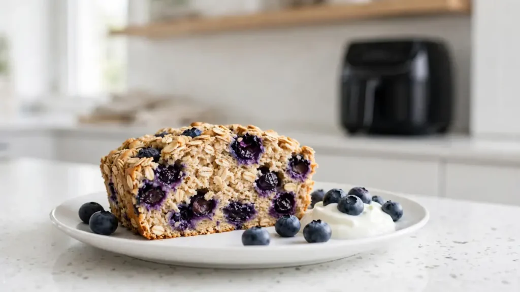 Slice of blueberry oat baked oats with fresh blueberries and yogurt on a white plate