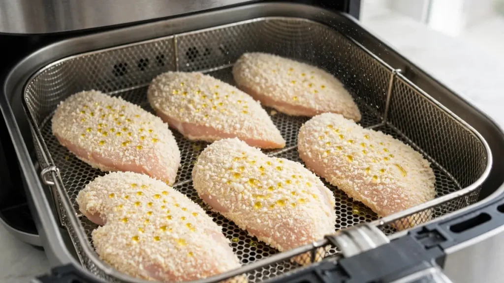 Breaded chicken cutlets with oil drops in an air fryer basket ready to cook