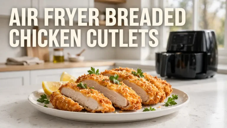 Air Fryer Breaded Chicken Cutlets (Crispy & Juicy) 14 Breaded chicken cutlets garnished with parsley and lemon wedges on a plate with air fryer in the background