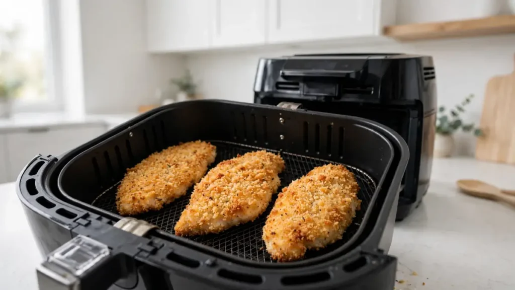 Air fryer basket with three breaded chicken cutlets cooking