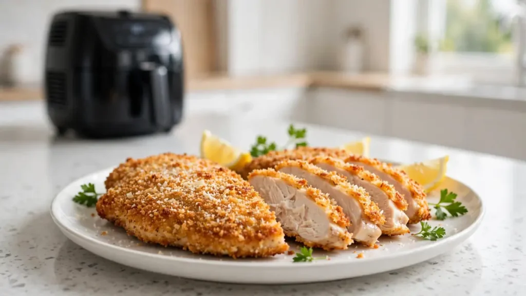 Sliced breaded chicken cutlets on a white plate with parsley and lemon wedges