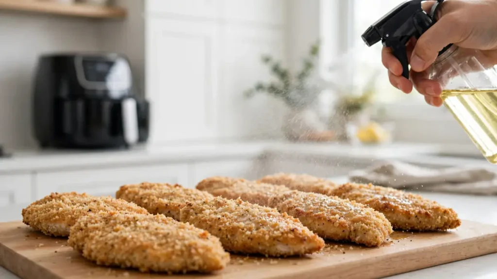Hand spraying oil over breaded chicken cutlets on a wooden chopping board