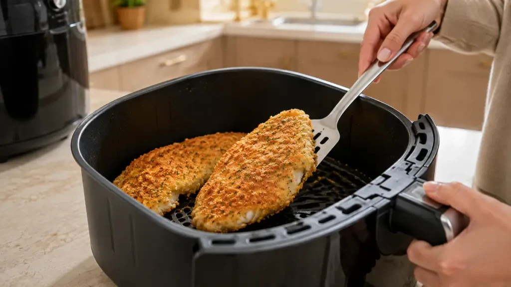 Hand holding spatula lifting golden breaded fish fillet in black air fryer basket
