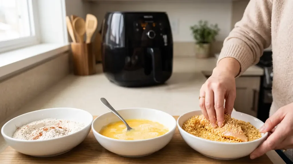Air Fryer Chicken Tenders Recipe (Crispy, Juicy & Easy) 3 Hands breading chicken tenders with flour, egg wash, and crushed crumbs on kitchen counter