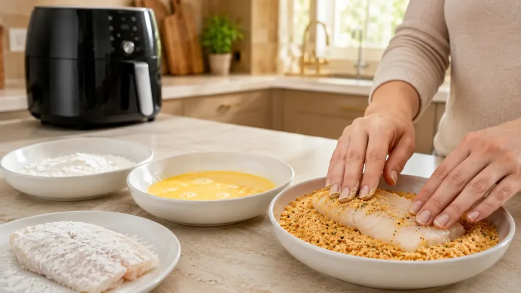 Hands coating fish fillet in breadcrumbs with bowls of flour and beaten eggs nearby
