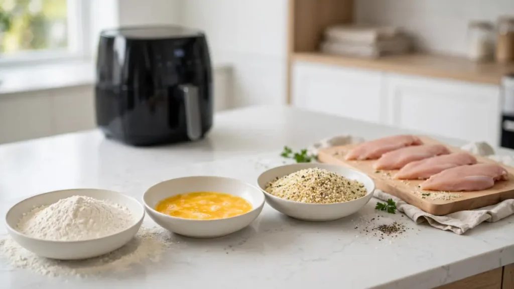 Bowls of flour, beaten eggs, and bread crumbs next to raw chicken breasts on a cutting board