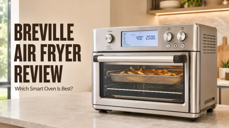 Stainless steel Breville air fryer oven with fries inside on a kitchen counter