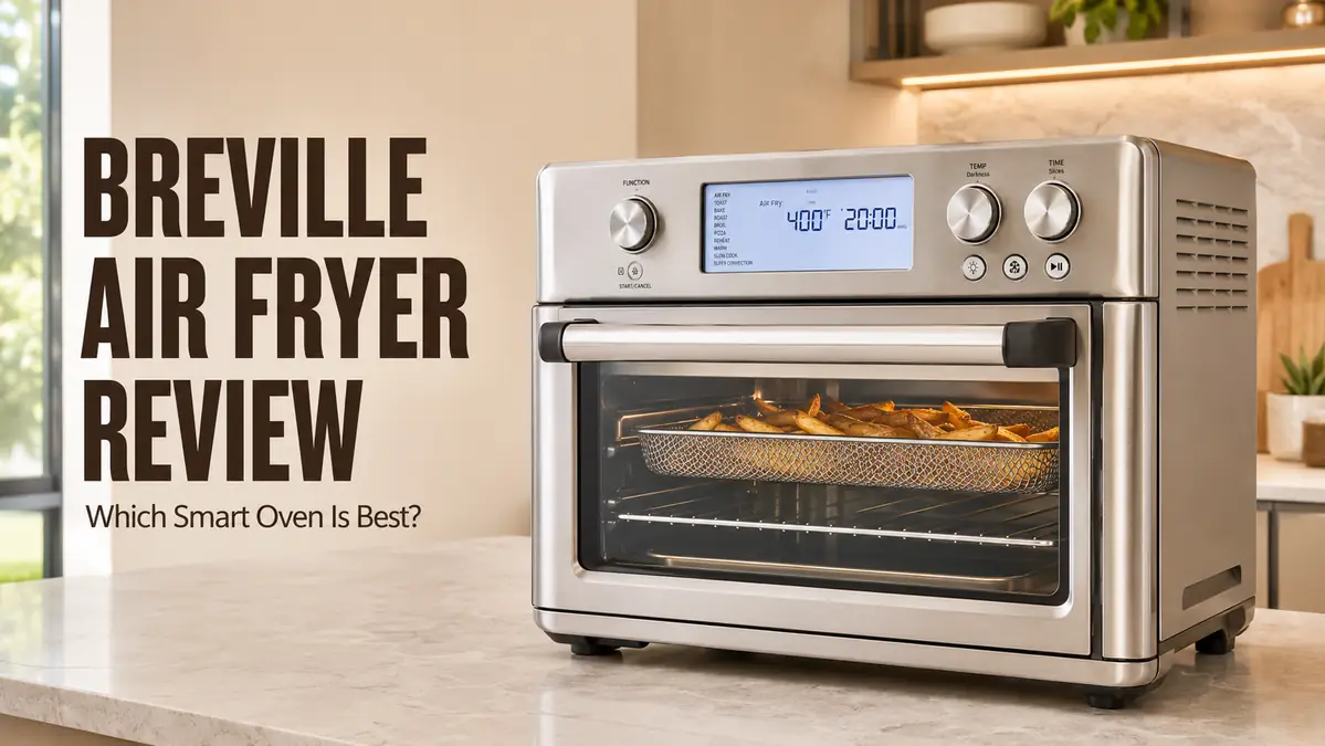 Stainless steel Breville air fryer oven with fries inside on a kitchen counter