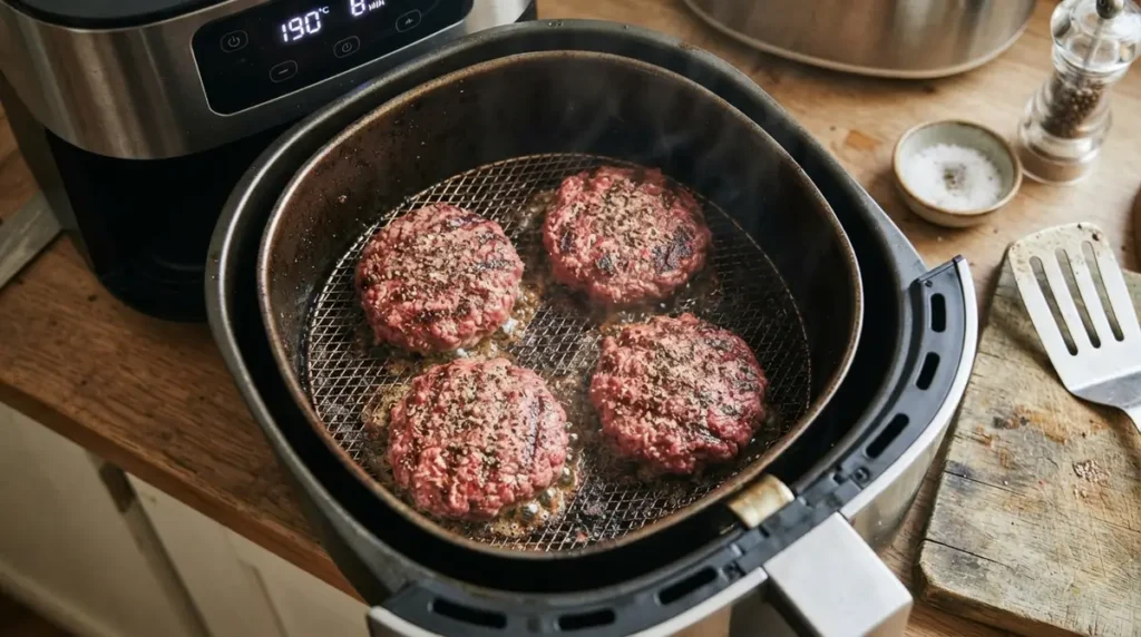 Hamburgers in Air Fryer (Juicy, Easy + Cook Time Guide) 3 Four burger patties cooking inside an air fryer basket on a wooden countertop