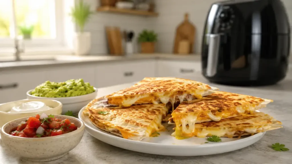 Plate with sliced cheese quesadillas and bowls of guacamole, sour cream, and salsa on kitchen counter
