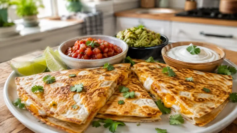 Air Fryer Quesadilla Recipe: Crispy & Cheesy in Minutes 6 Cooked cheese quesadillas on a plate with lime wedges salsa guacamole and sour cream