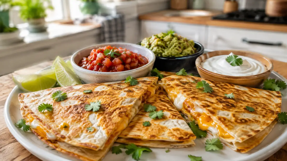 Cooked cheese quesadillas on a plate with lime wedges salsa guacamole and sour cream