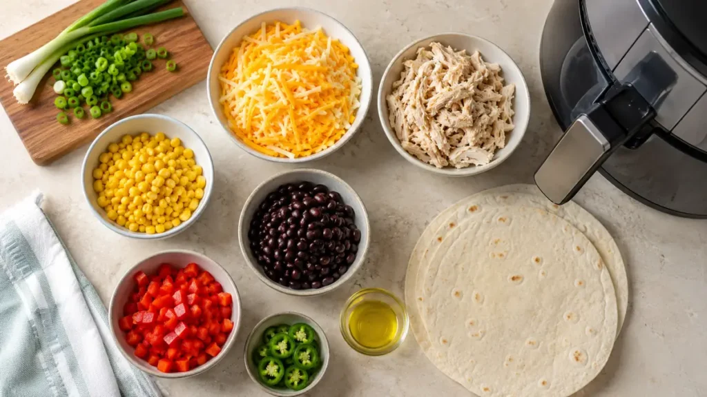 Bowls of shredded chicken, shredded cheese, black beans, corn, diced red peppers, sliced jalapenos, tortilla wraps, green onions on cutting board, and an air fryer